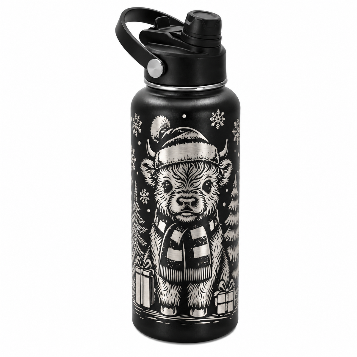 Drinkware, 32 oz. Stainless Steel Hydro Bottle, Christmas, Baby Highland Cow