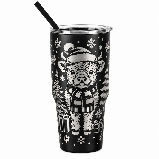 Drinkware, 30 oz. Stainless Steel Tumbler, Christmas, Baby Highland Cow
