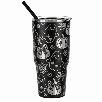 Drinkware, 30 oz. Stainless Steel Tumbler, Ghost Pumpkins and Webs