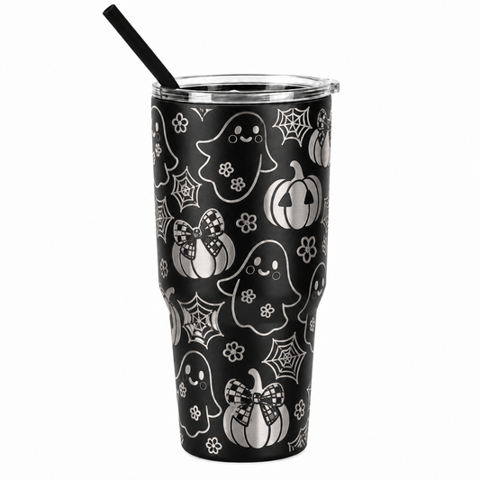 Drinkware, 30 oz. Stainless Steel Tumbler, Ghost Pumpkins and Webs