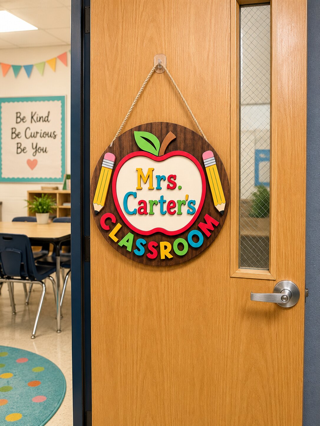 Personalized Teacher Name Classroom Laser Crafted 16" Layered Wood Door Hanger - Image 2