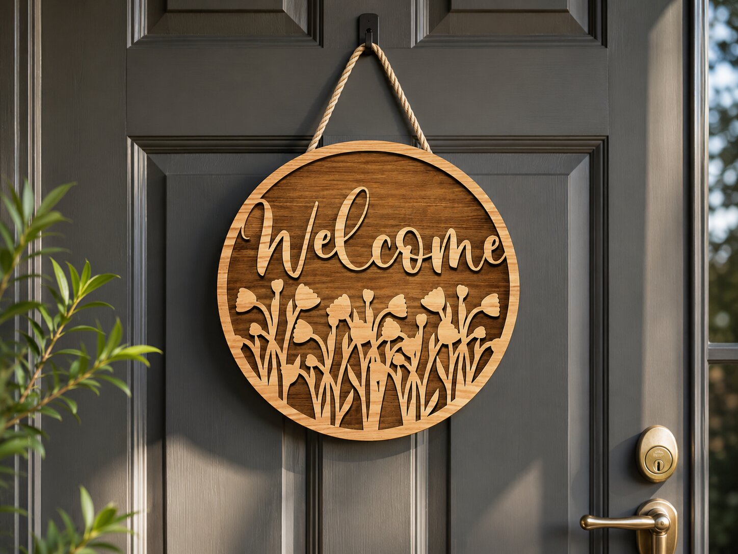 Laser Crafted 16" Layered Wood Floral Welcome Door Hanger - Image 2