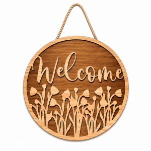 Laser Crafted 16" Layered Wood Floral Welcome Door Hanger