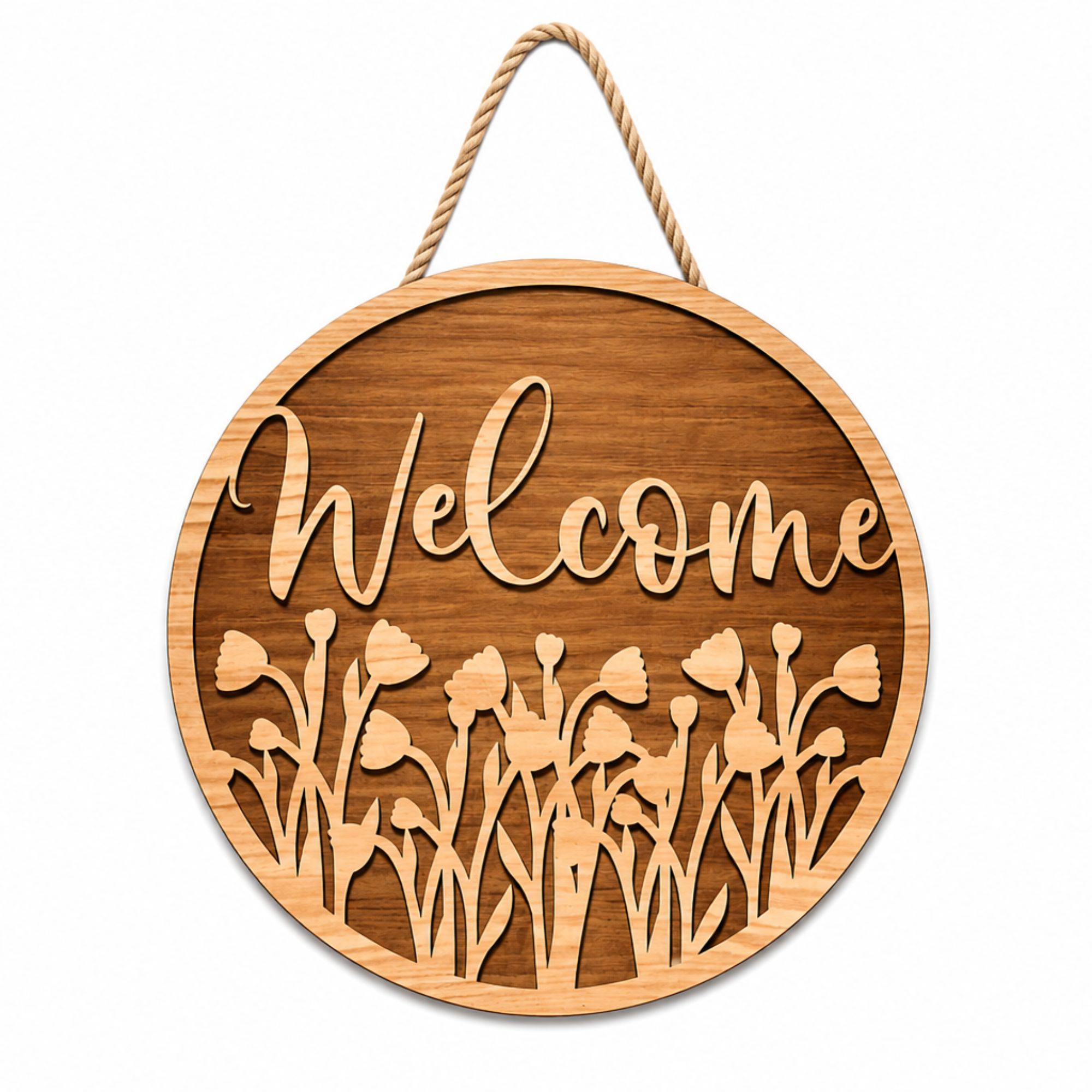 Laser Crafted 16" Layered Wood Floral Welcome Door Hanger